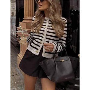 Women's Striped Cropped Cardigan  Fall Long Sleeve Button Down